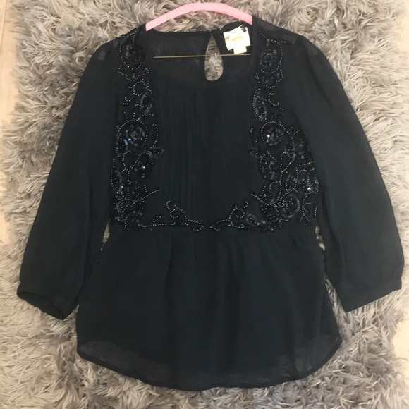 Anthropologie Maeve Navy chiffon beaded blouse- 4 - Picture 1 of 8